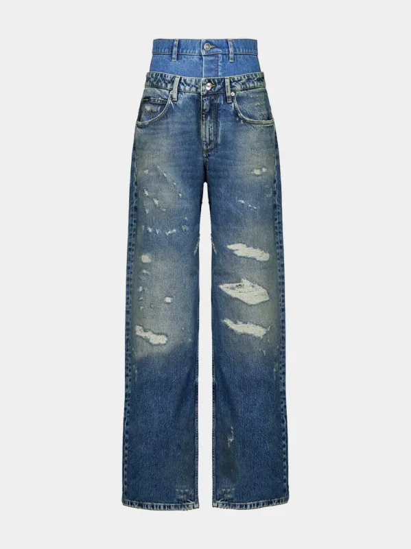 Blue Distressed Wide-Leg Denim Jeans sold by Fashion Clinic