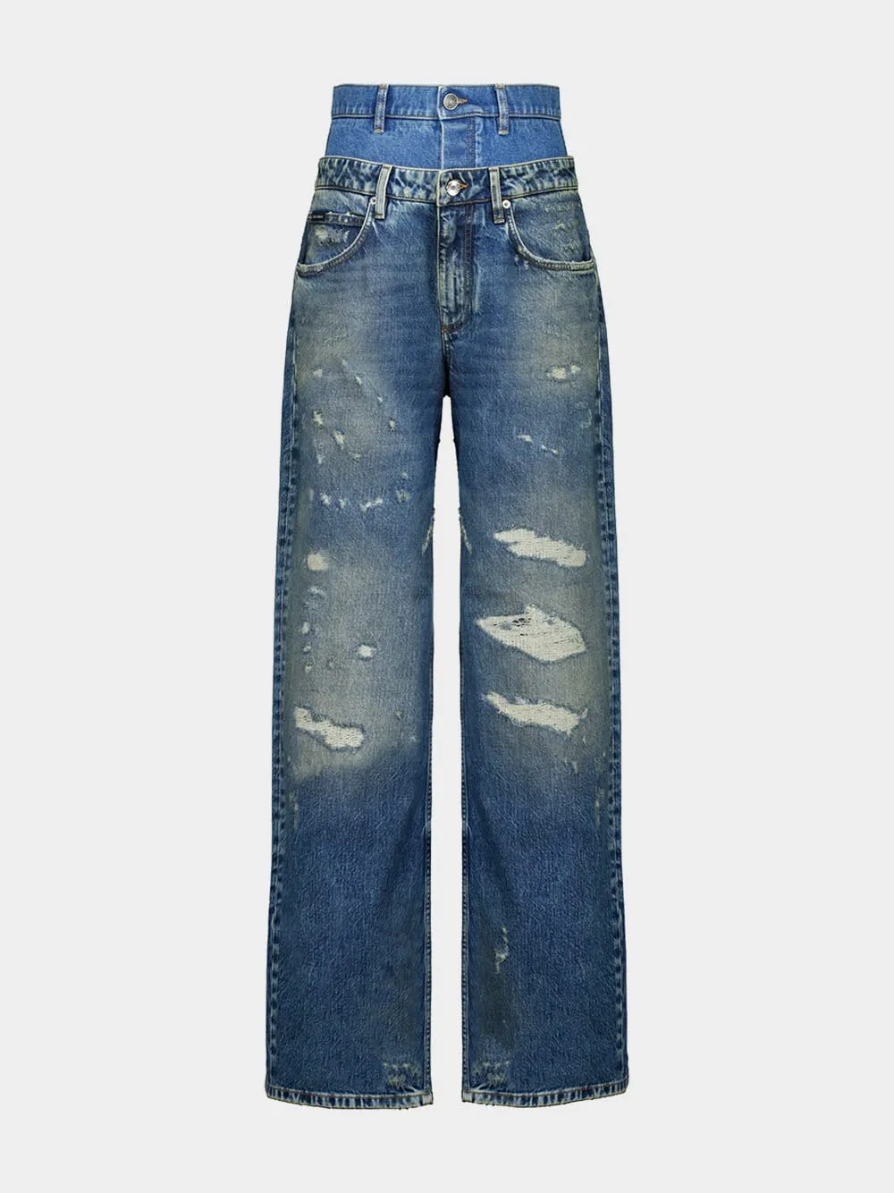Blue Distressed Wide-Leg Denim Jeans sold by Fashion Clinic