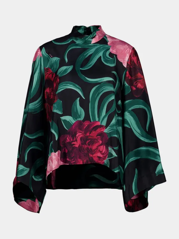 Black Silk Floral Long-Sleeve Top sold by Fashion Clinic