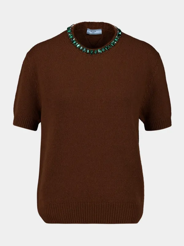 Tobacco Wool-Cashmere Sweater with Jewels sold by Fashion Clinic