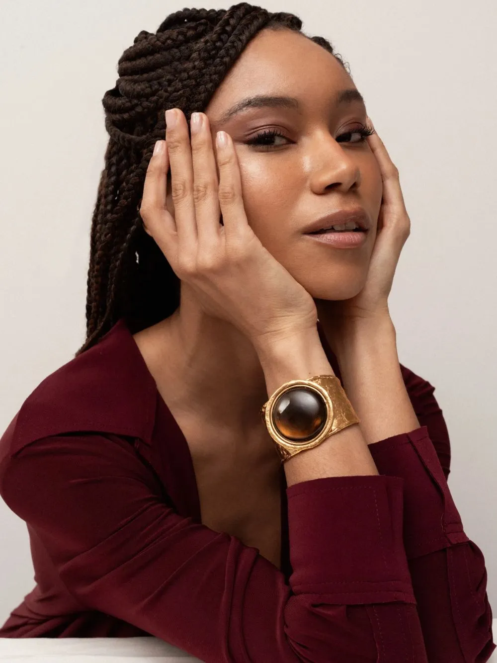 Brown Sphere Cuff Bracelet with Smoky Quartz sold by Fashion Clinic