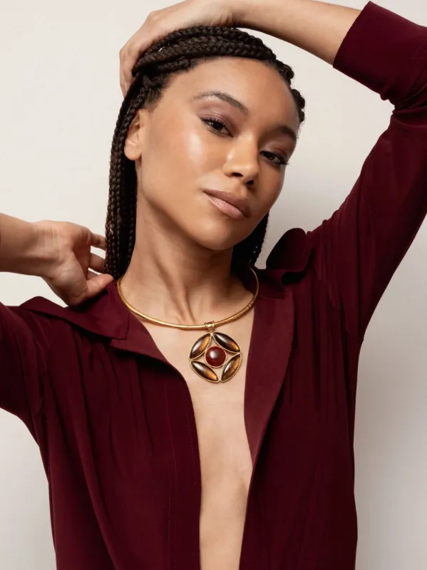 Marquise Pendant Necklace with Smoky Quartz and Cornaline sold by Fashion Clinic