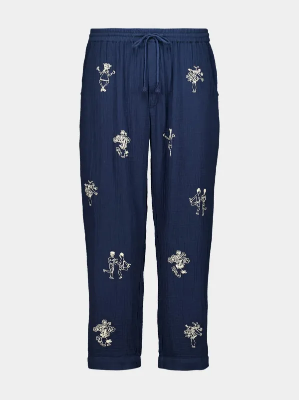 Navy Embroidered Cotton Trousers sold by Fashion Clinic