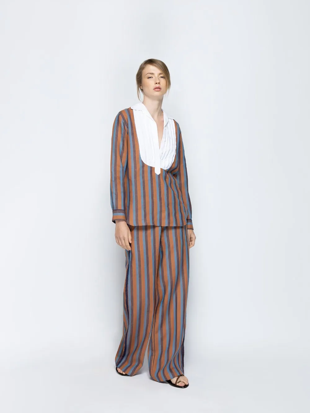 Dora Blue Stripes Embroidered Striped Linen Pants sold by Fashion Clinic product image thumbnail 2