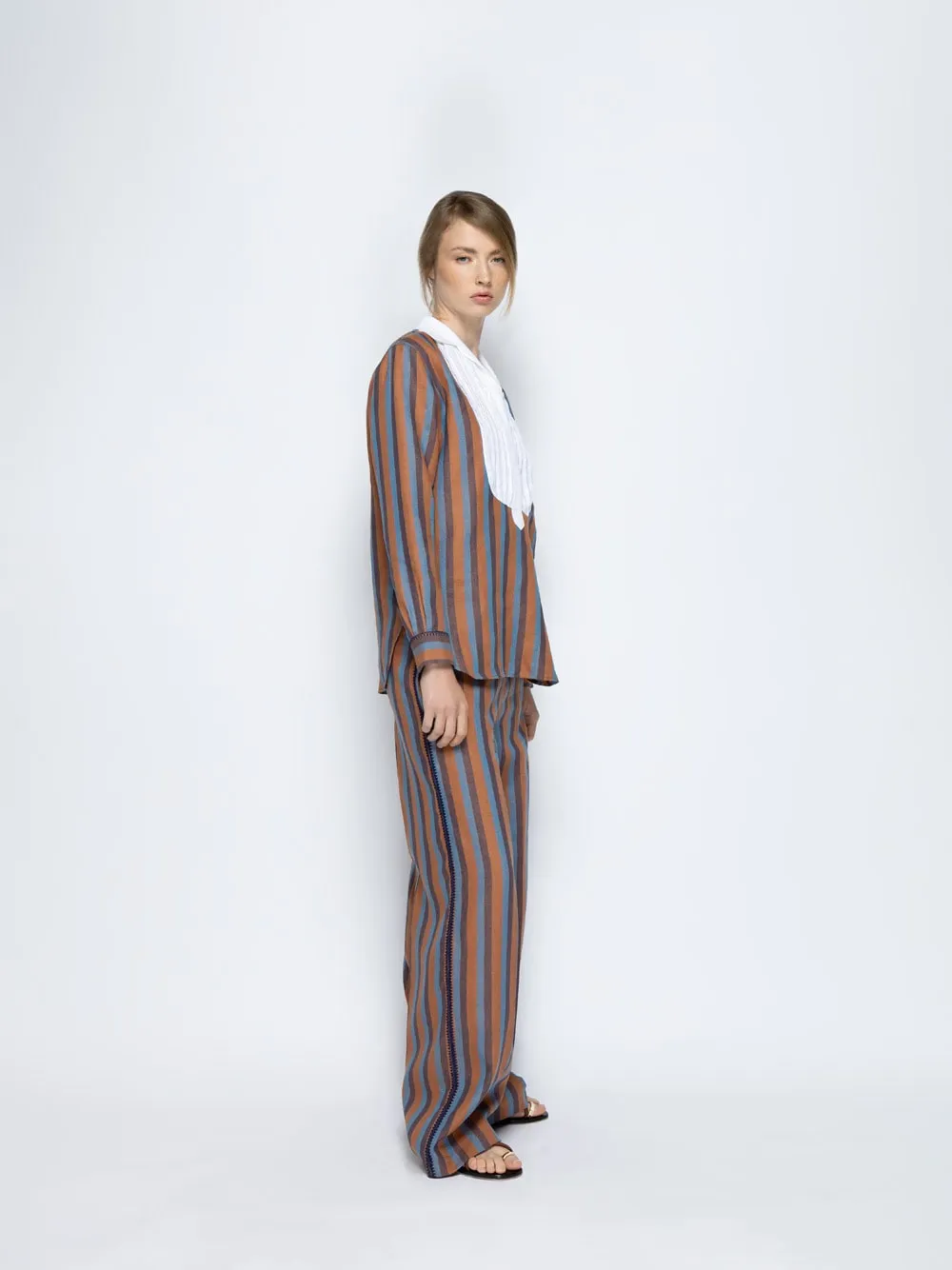 Dora Blue Stripes Embroidered Striped Linen Pants sold by Fashion Clinic product image thumbnail 4