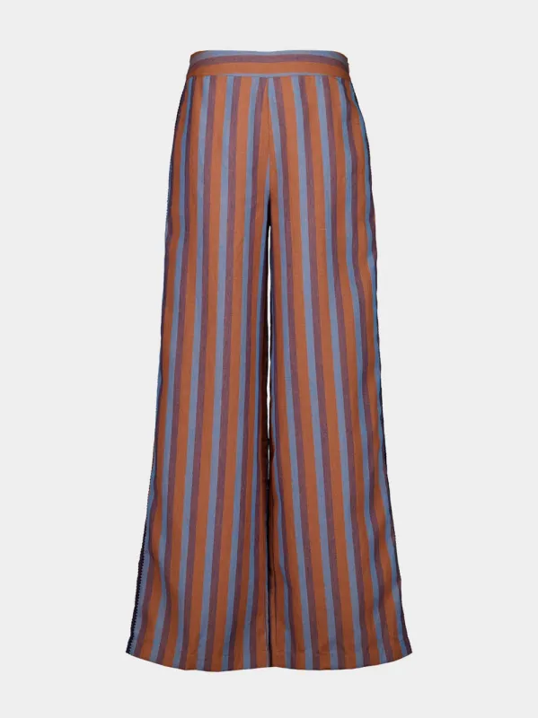 Dora Blue Stripes Embroidered Striped Linen Pants sold by Fashion Clinic