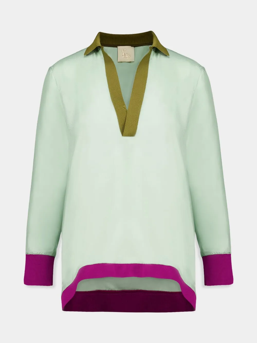 Diane Grayed Jade Silk V-Neck Long-Sleeve Top sold by Fashion Clinic