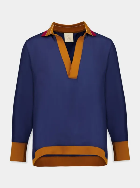 Diane Navy Blazer Silk V-Neck Long-Sleeve Top sold by Fashion Clinic