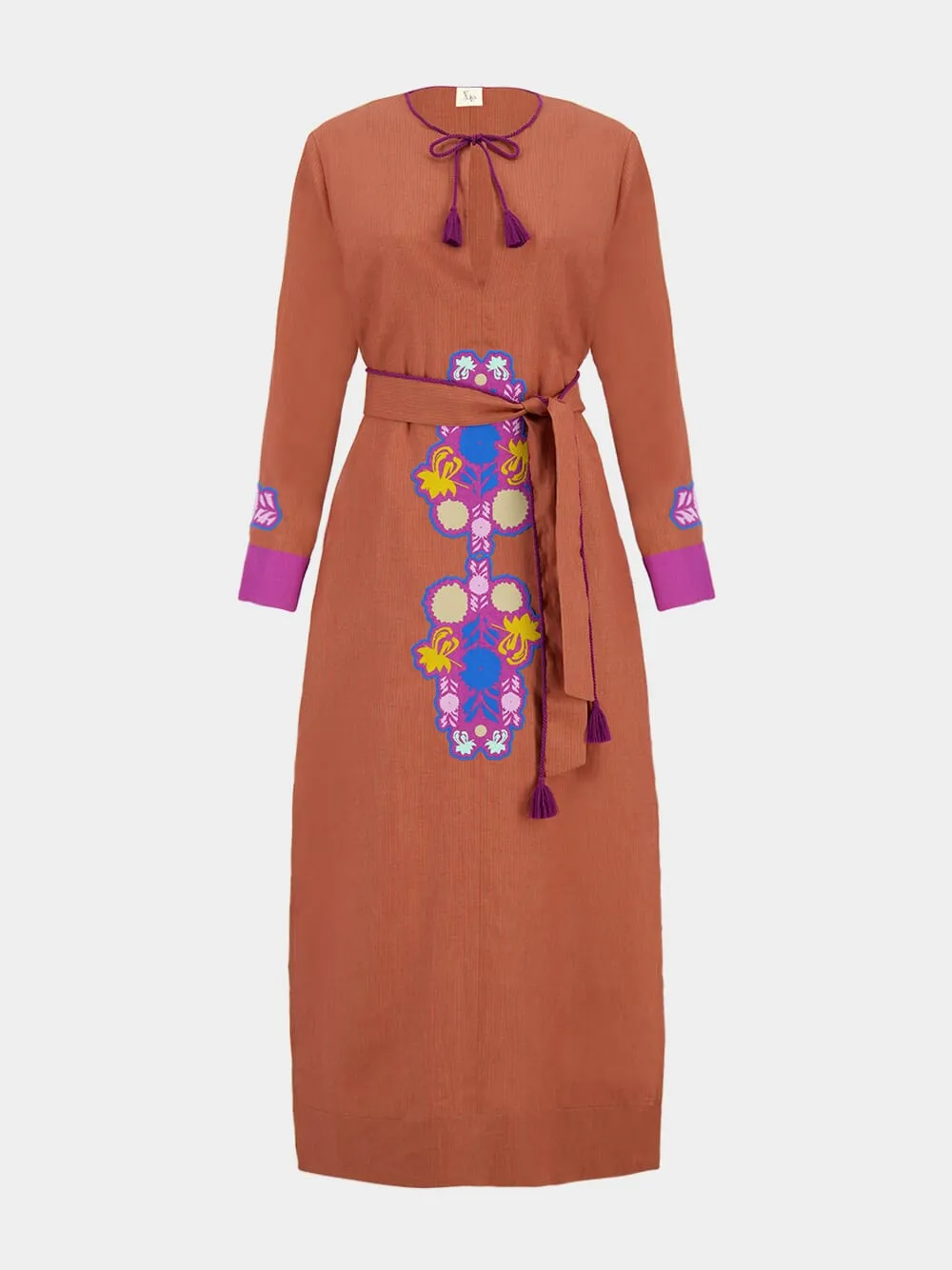 Camille Caramel Café Linen Dress with Embroidered Patches and Belt sold by Fashion Clinic product image thumbnail 2