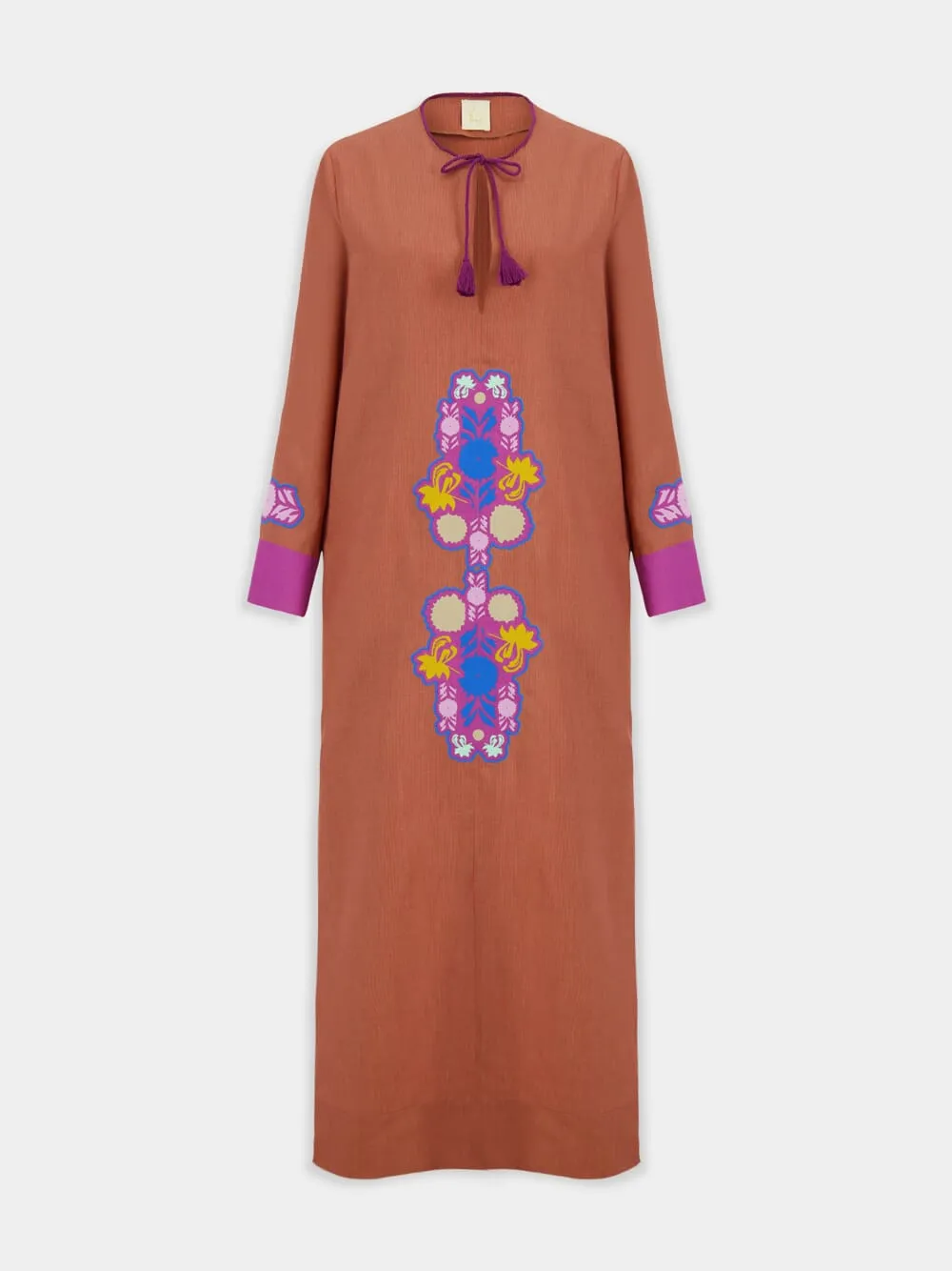 Camille Caramel Café Linen Dress with Embroidered Patches and Belt sold by Fashion Clinic