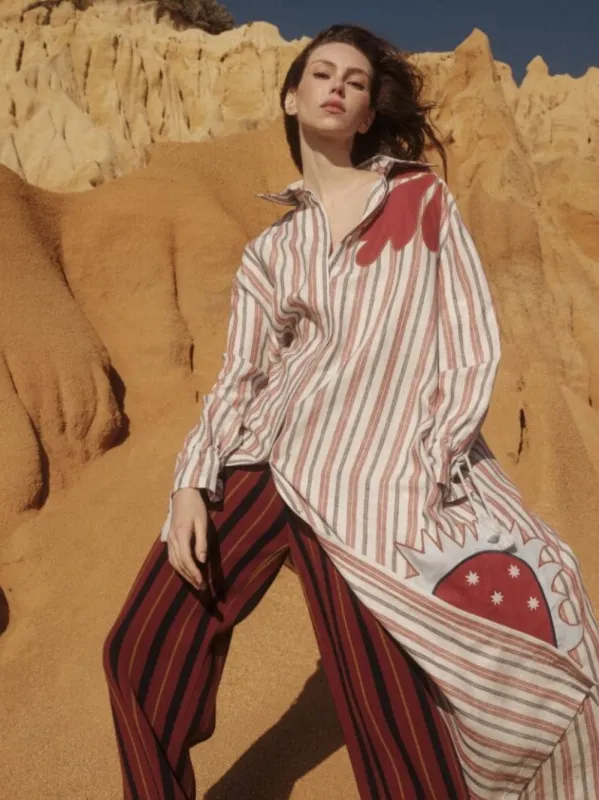 Almandine Stripes Linen Dress with Embroideries made by Fashion Clinic