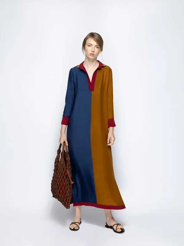 Siena Navy Caramel Silk V-Neck Long Dress sold by Fashion Clinic