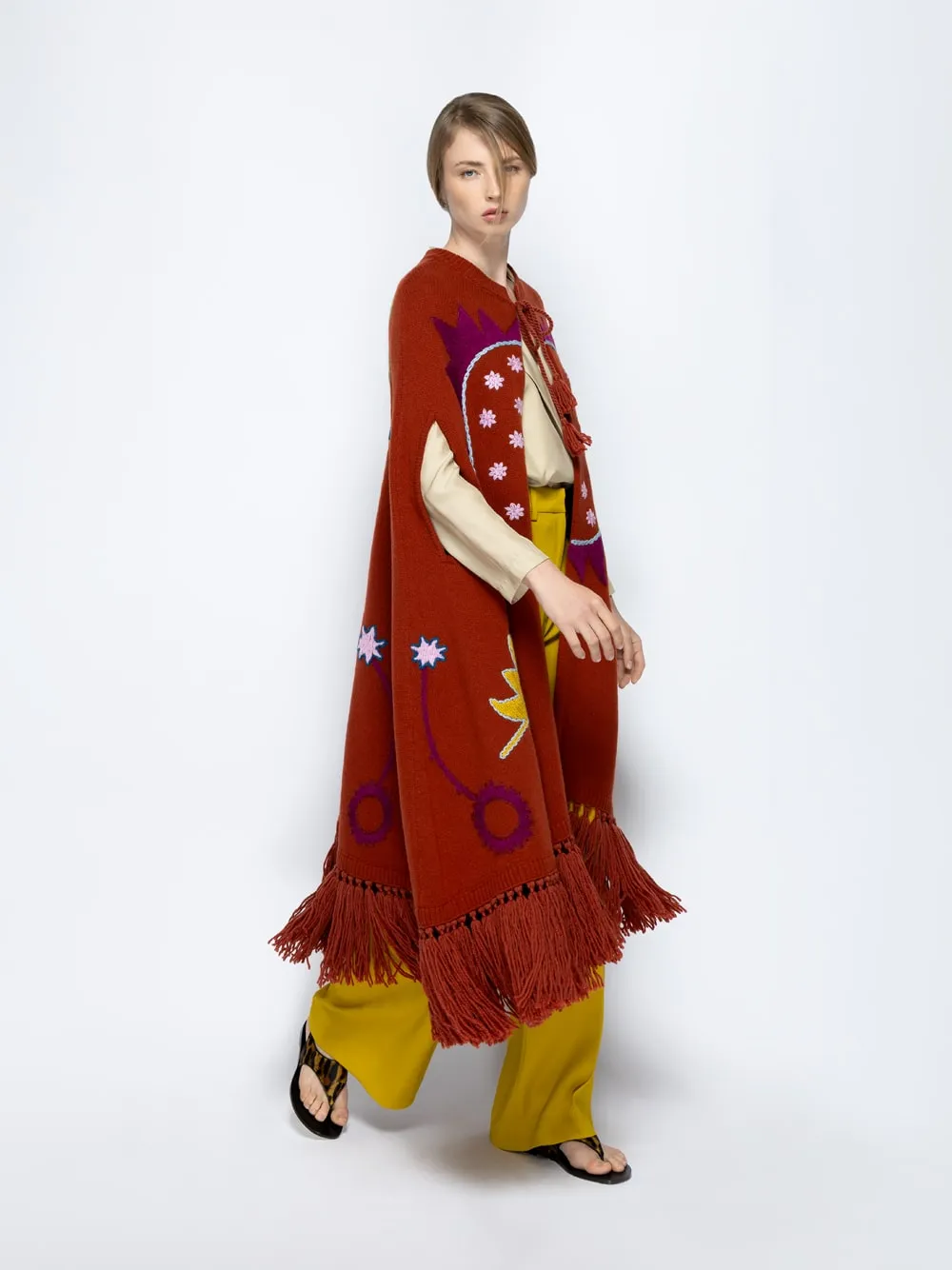 Saphire Orange Hand-Embroidered Knitted Cape sold by Fashion Clinic product image thumbnail 4