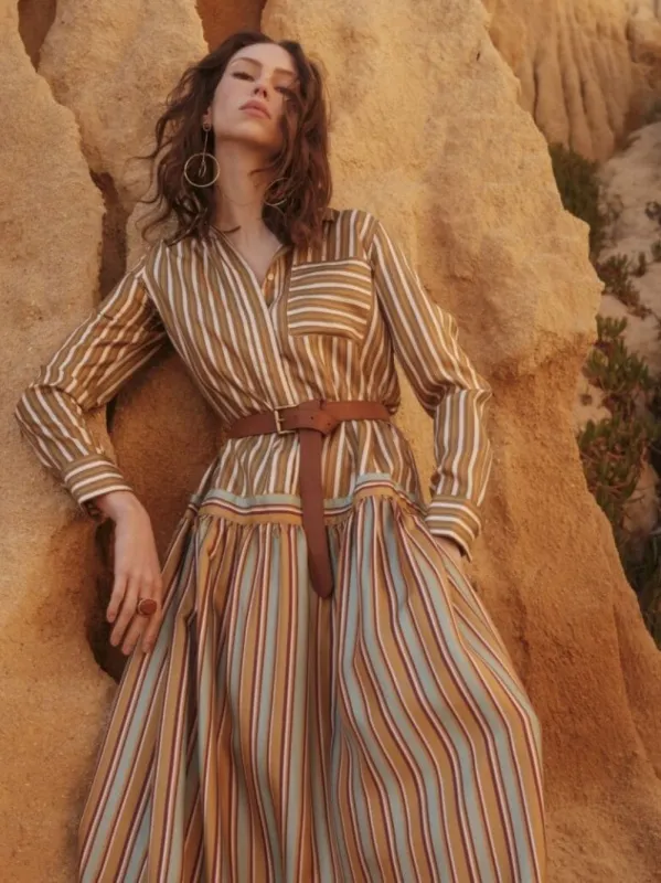 Rosalia Sun Stripes Printed A-Line Silk Twill Dress sold by Fashion Clinic