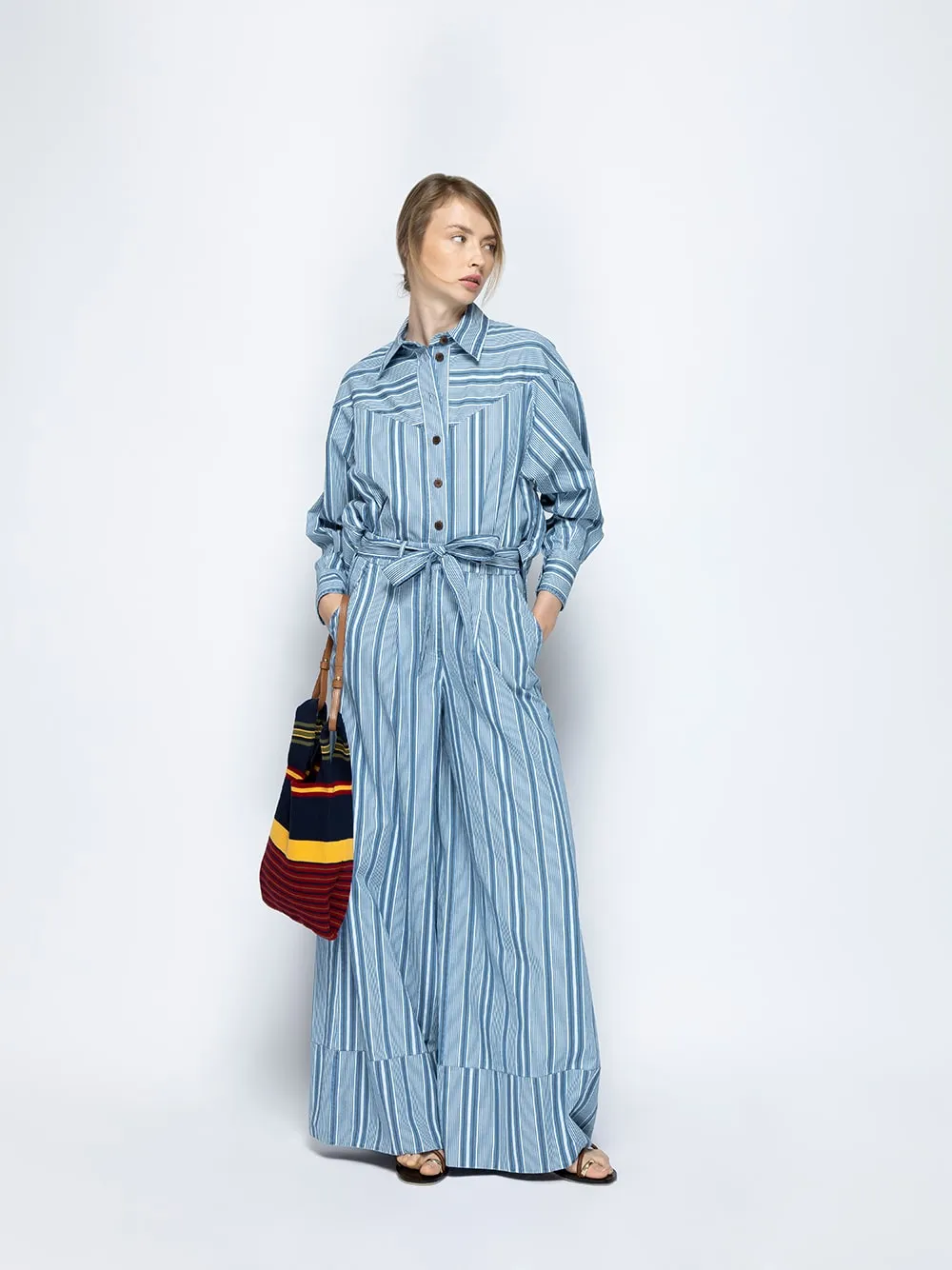 Elisa Denim Stripes Wide-Leg Pants sold by Fashion Clinic