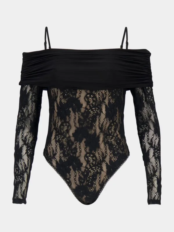 Black Rebellion Draped Lace Bodysuit sold by Fashion Clinic