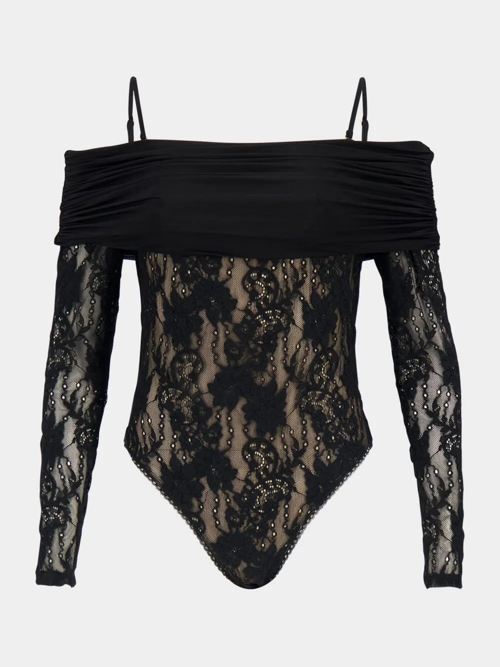 Black Rebellion Draped Lace Bodysuit sold by Fashion Clinic