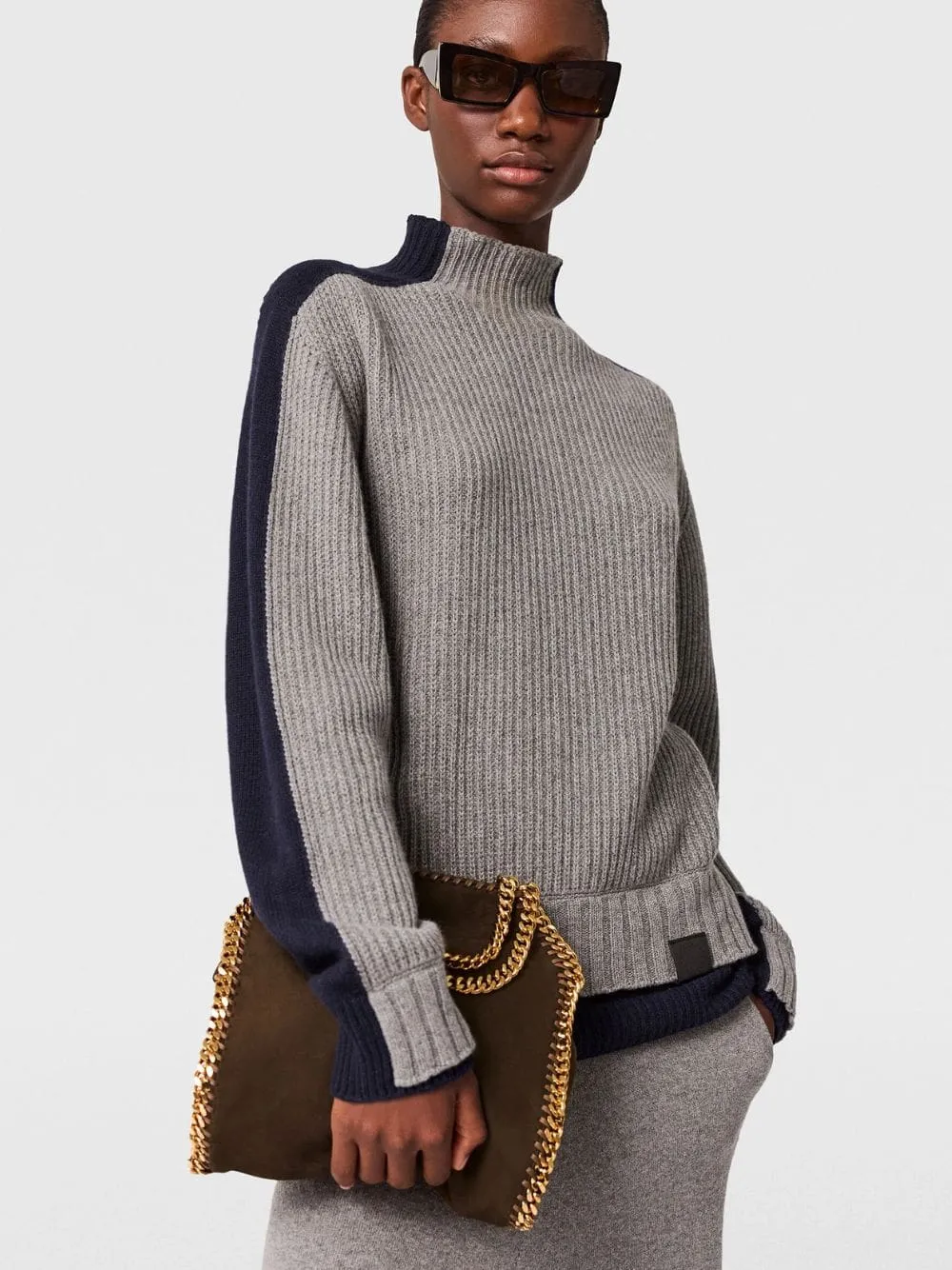Grey and Navy Contrast Panel Turtleneck Jumper sold by Fashion Clinic product image thumbnail 2