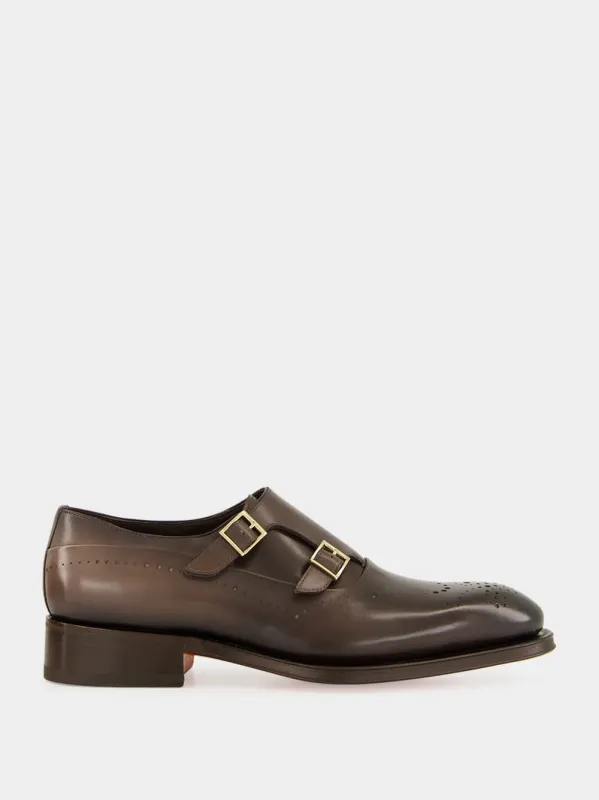 Brown Leather Double-Buckle Brogue Shoe sold by Fashion Clinic