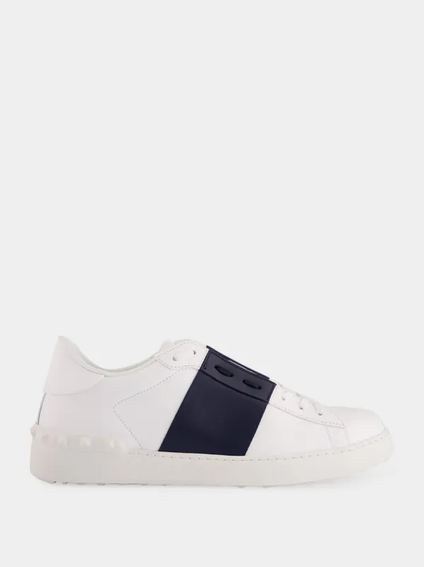 White and Blue Calfskin Open Sneaker sold by Fashion Clinic