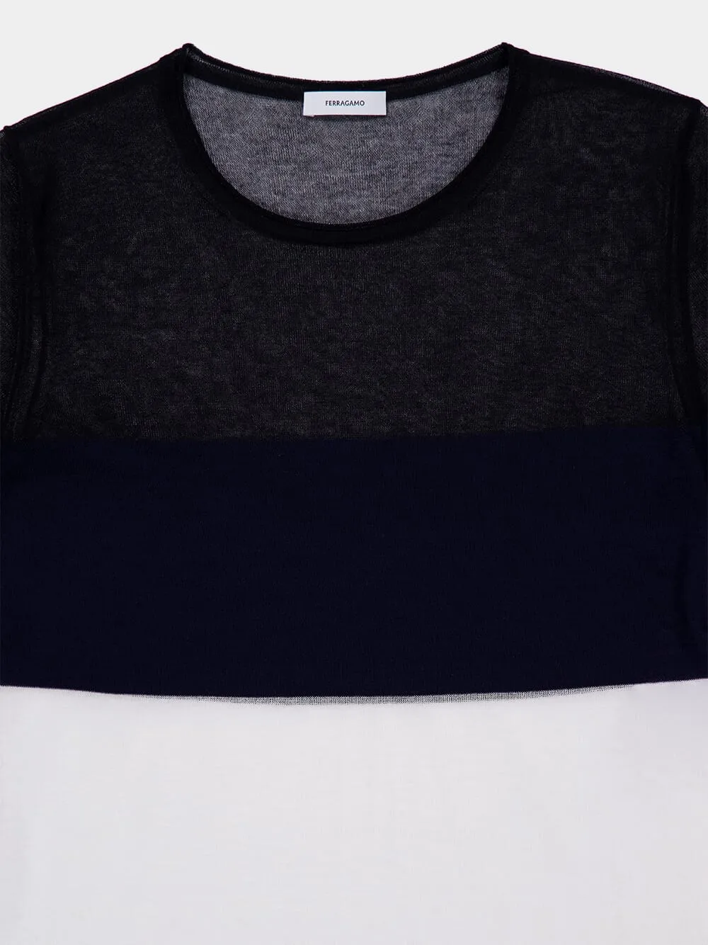 Navy and White Wool-Blend Round Neck T-Shirt sold by Fashion Clinic product image thumbnail 3