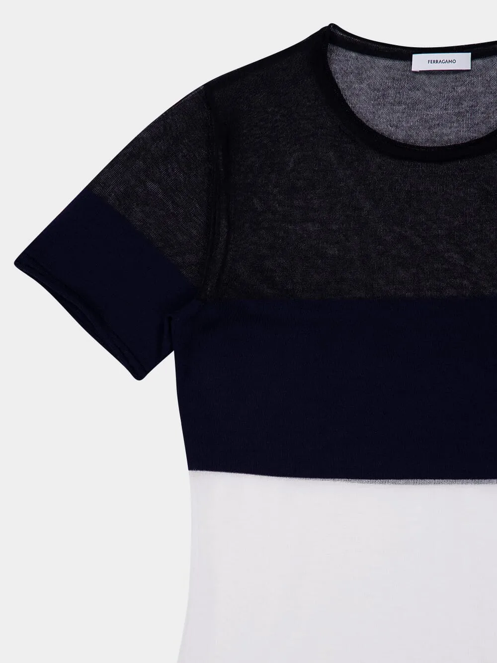 Navy and White Wool-Blend Round Neck T-Shirt sold by Fashion Clinic product image thumbnail 4
