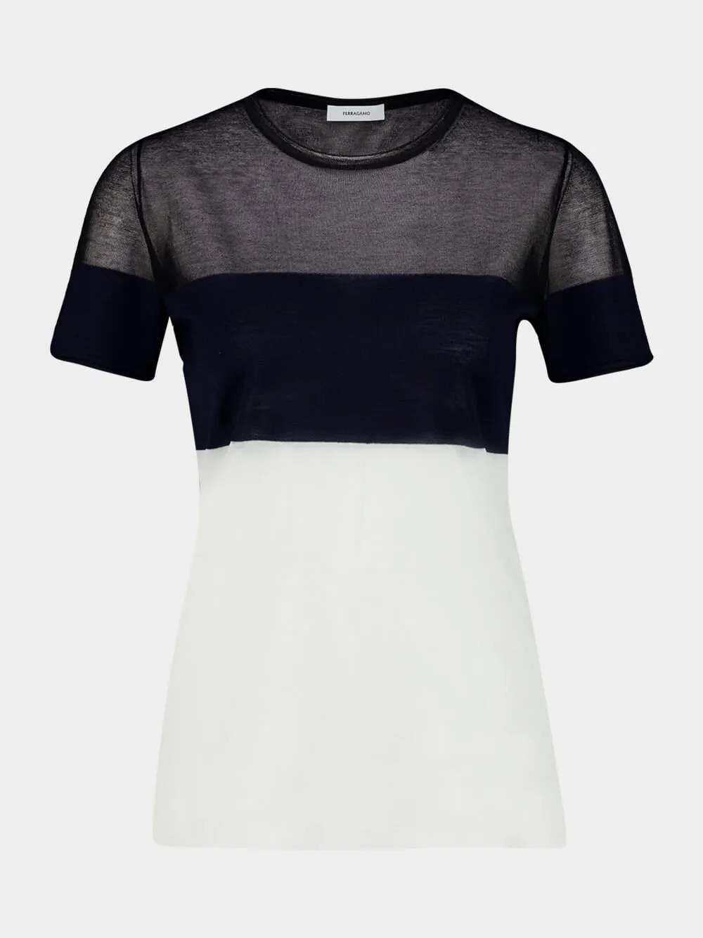 Navy and White Wool-Blend Round Neck T-Shirt sold by Fashion Clinic