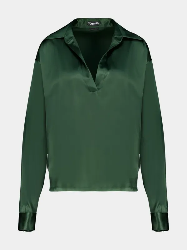 Moss Green Silk Satin Polo Shirt sold by Fashion Clinic
