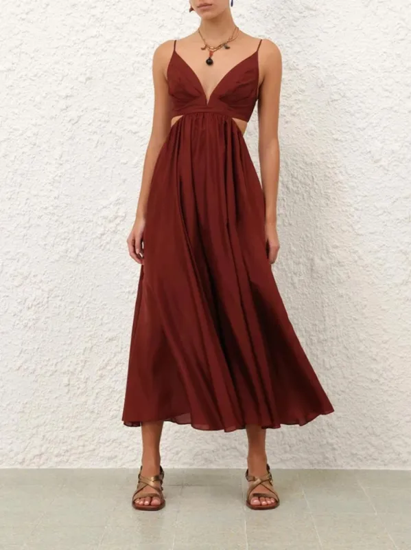 Wanderlust Plunge Maxi Dress in Burgundy sold by Fashion Clinic