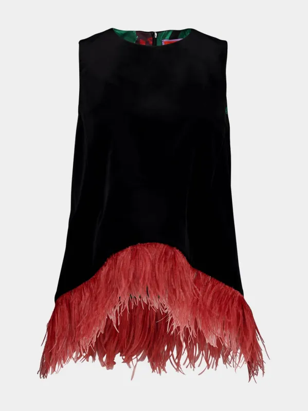 La Scala Black Velvet Top with Feather Hem sold by Fashion Clinic