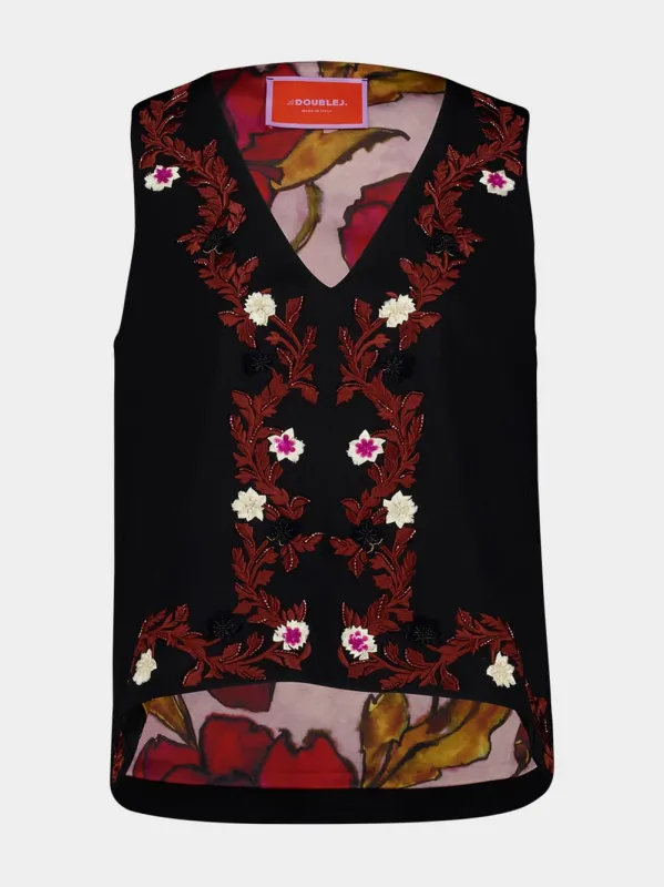 La Scala Black Embroidered V-Neck Jersey Top sold by Fashion Clinic