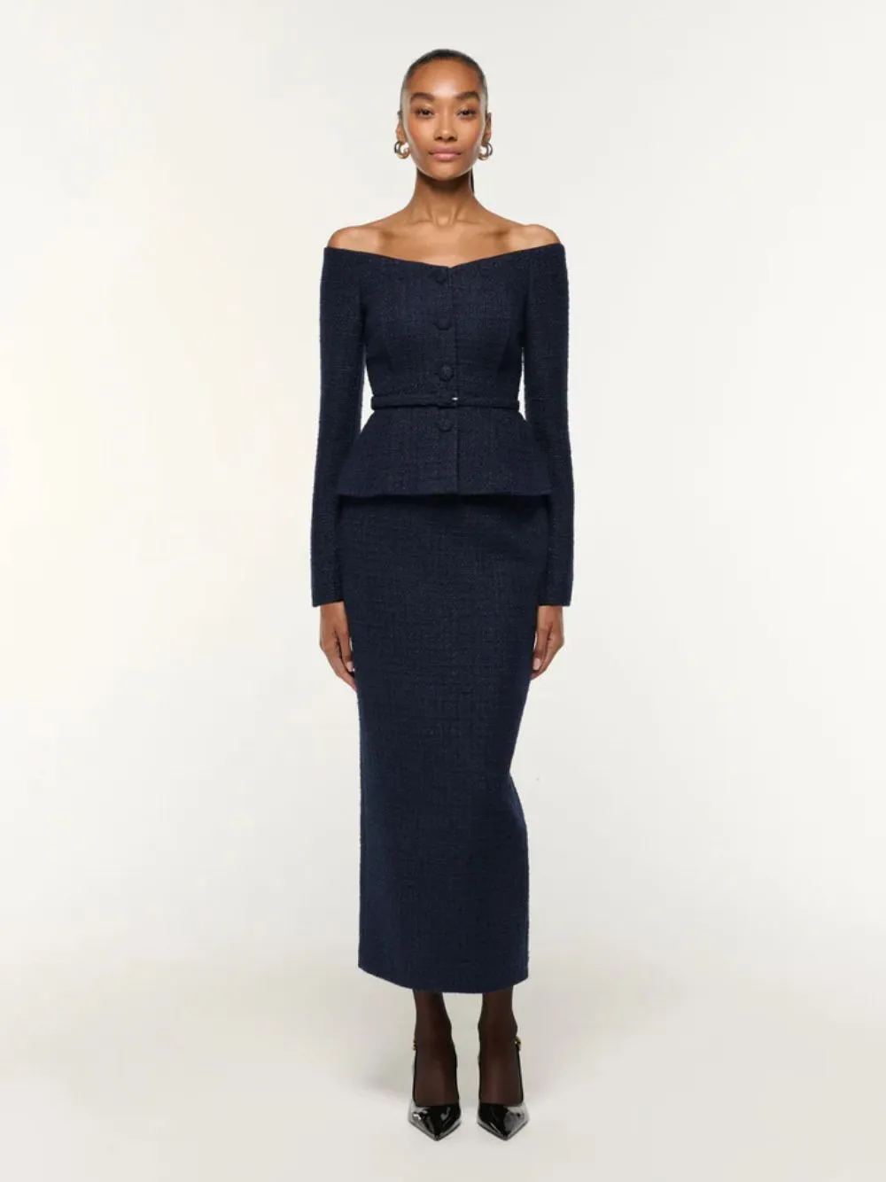 Navy Off-Shoulder Bouclé Top with Belt sold by Fashion Clinic product image thumbnail 2