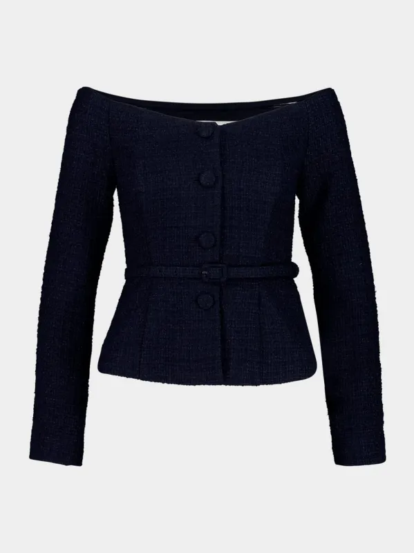 Navy Off-Shoulder Bouclé Top with Belt made by Roland Mouret