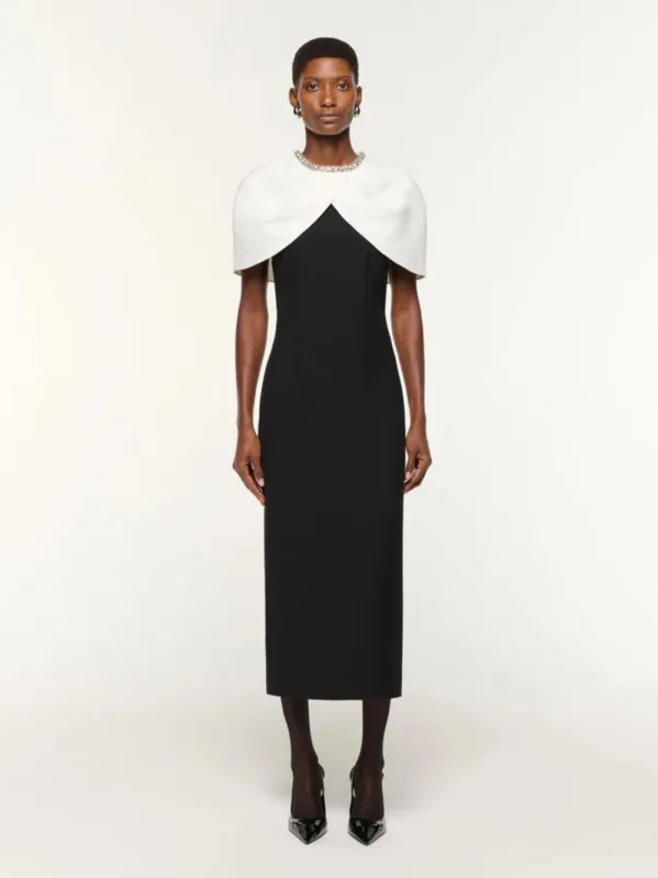 Black Midi Dress with Crystal Shawl Detail made by Roland Mouret