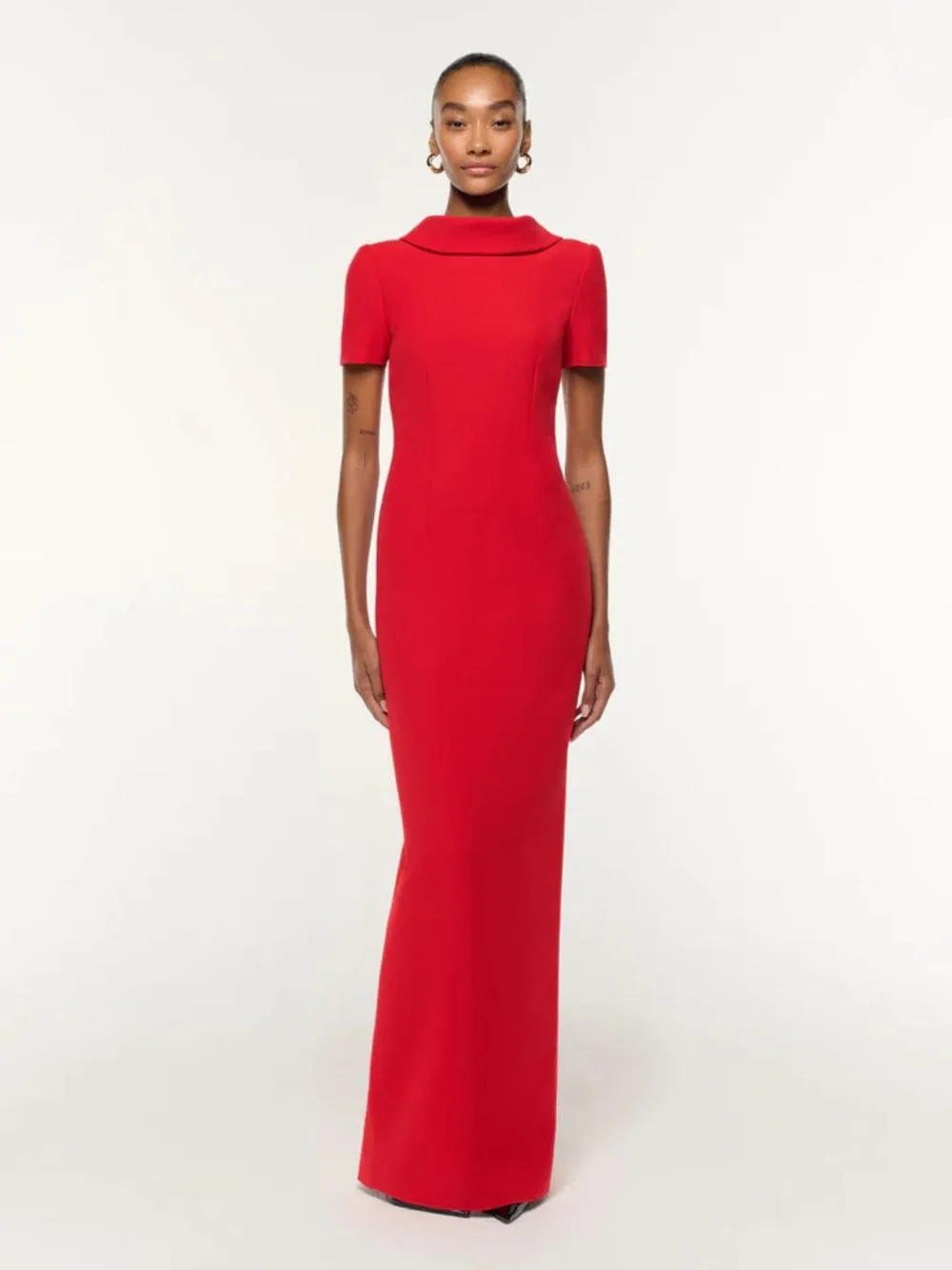 Red Collared Crepe Column Gown sold by Fashion Clinic