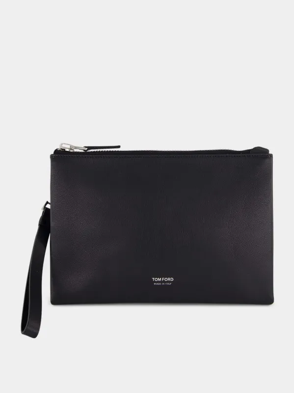 Black Grain Leather Minimal Slim Pouch sold by Fashion Clinic