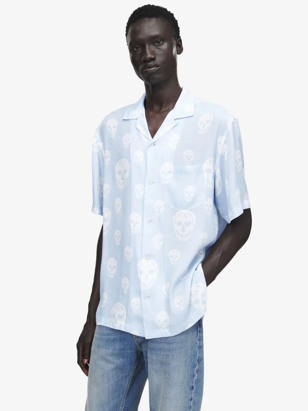 Light Blue Skull Print Hawaiian Shirt sold by Fashion Clinic