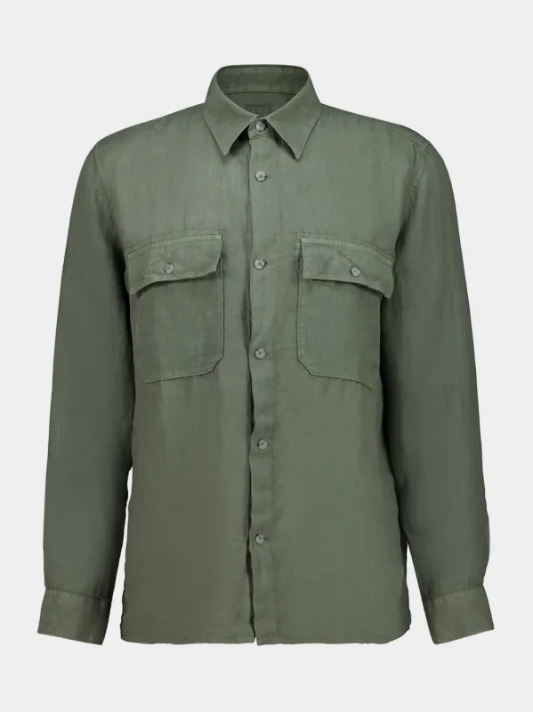 Khaki Green Linen Regular-Fit Shirt sold by Fashion Clinic