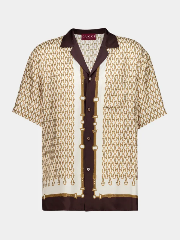 Beige Printed Silk Twill Bowling Shirt sold by Fashion Clinic