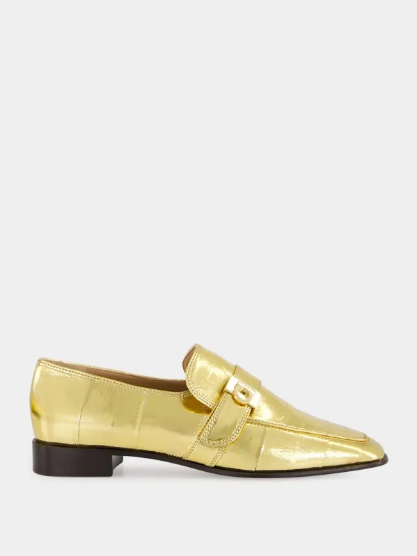 Gold Laminated Loafers with Hug Buckle sold by Fashion Clinic