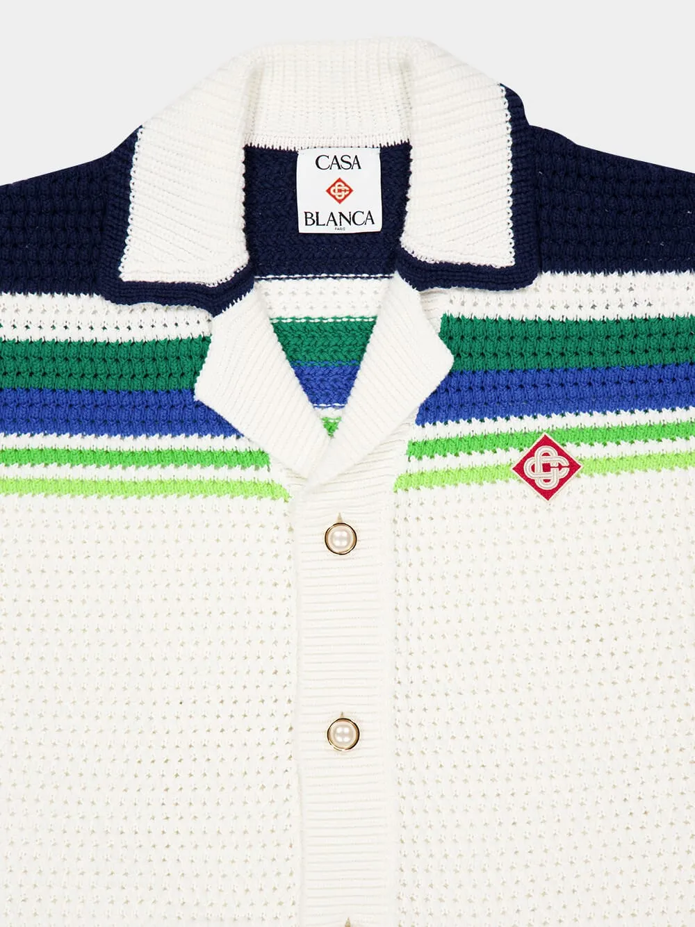White and Blue Short Sleeve Stripe Knit Cotton Shirt sold by Fashion Clinic product image thumbnail 3