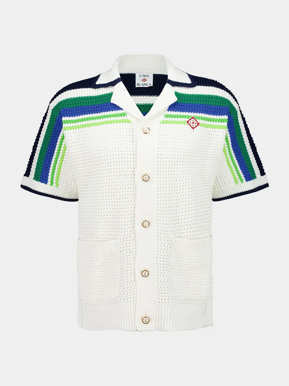 White and Blue Short Sleeve Stripe Knit Cotton Shirt sold by Fashion Clinic