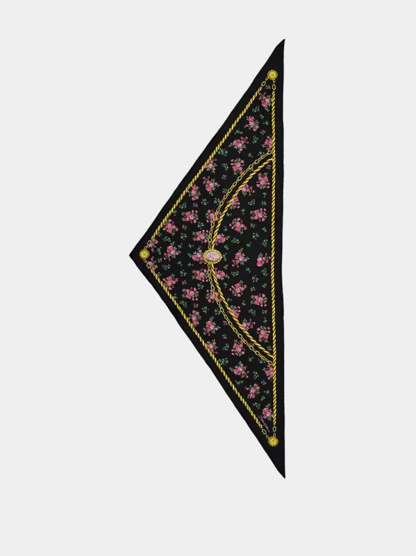 Black Floral and Chain Print Triangle Silk Scarf sold by Fashion Clinic