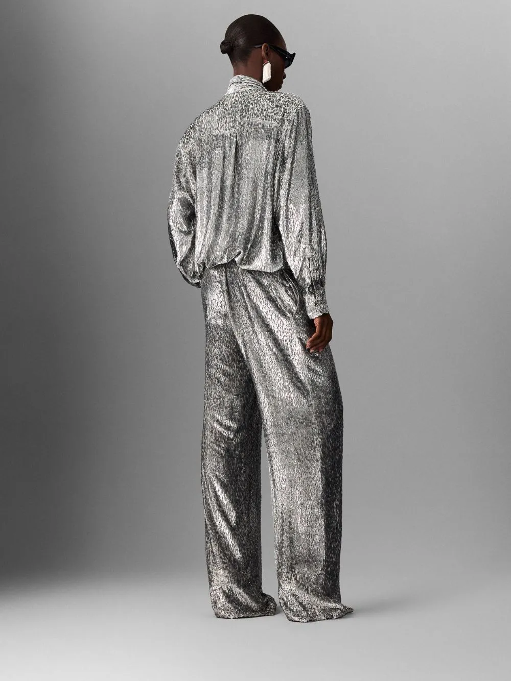 Silver Animal-Textured Lame Velvet Trousers sold by Fashion Clinic product image thumbnail 4