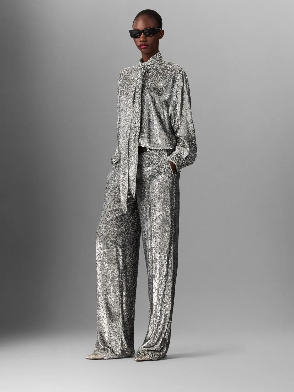 Silver Animal-Textured Lame Velvet Trousers sold by Fashion Clinic product image thumbnail 2