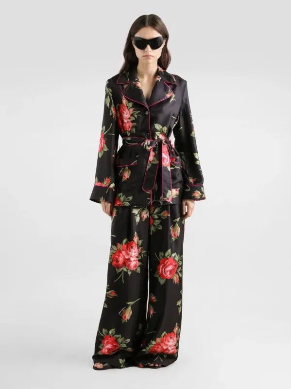 Rose Bouquet-Print Wide Twill Trousers sold by Fashion Clinic
