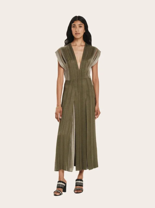Selene Sleeveless Pleated Dress in Khaki made by Fashion Clinic