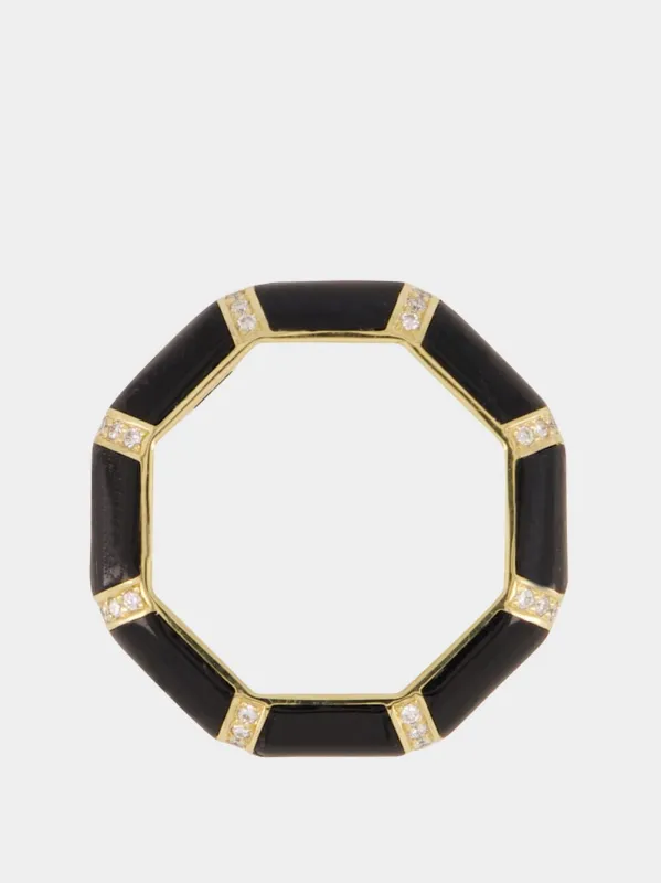 Black Onyx Bamboo Ring in 18K Gold with White Diamonds made by Fashion Clinic