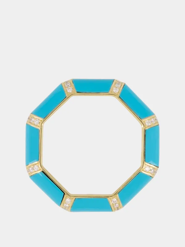 Turquoise Blue Bamboo Ring in 18K Gold with White Diamonds sold by Fashion Clinic