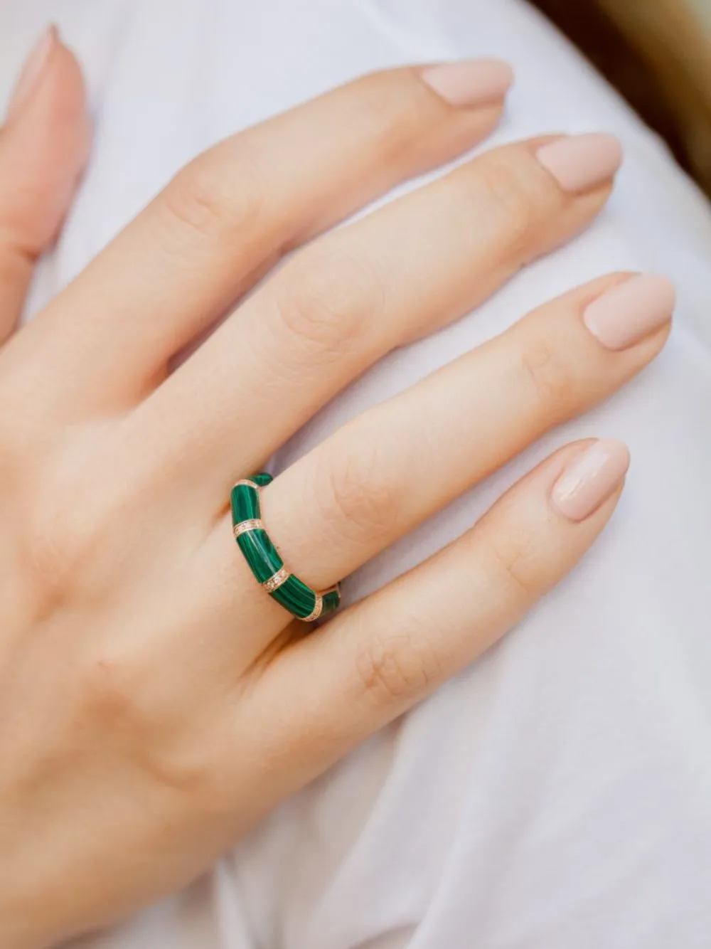 Malachite Green Bamboo Ring in 18K Gold with White Diamonds sold by Fashion Clinic product image thumbnail 2
